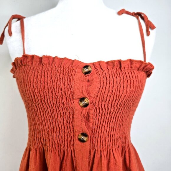 Women's Terra Cotta  Shoulder Tie Skater Smocked Button Front Mini Boho Dress - Picture 6 of 10